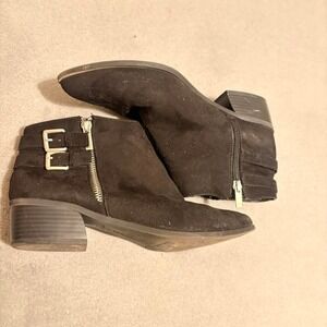 Black suede  Apri ankle boots with silver buckles and zipper. Size: US 10m